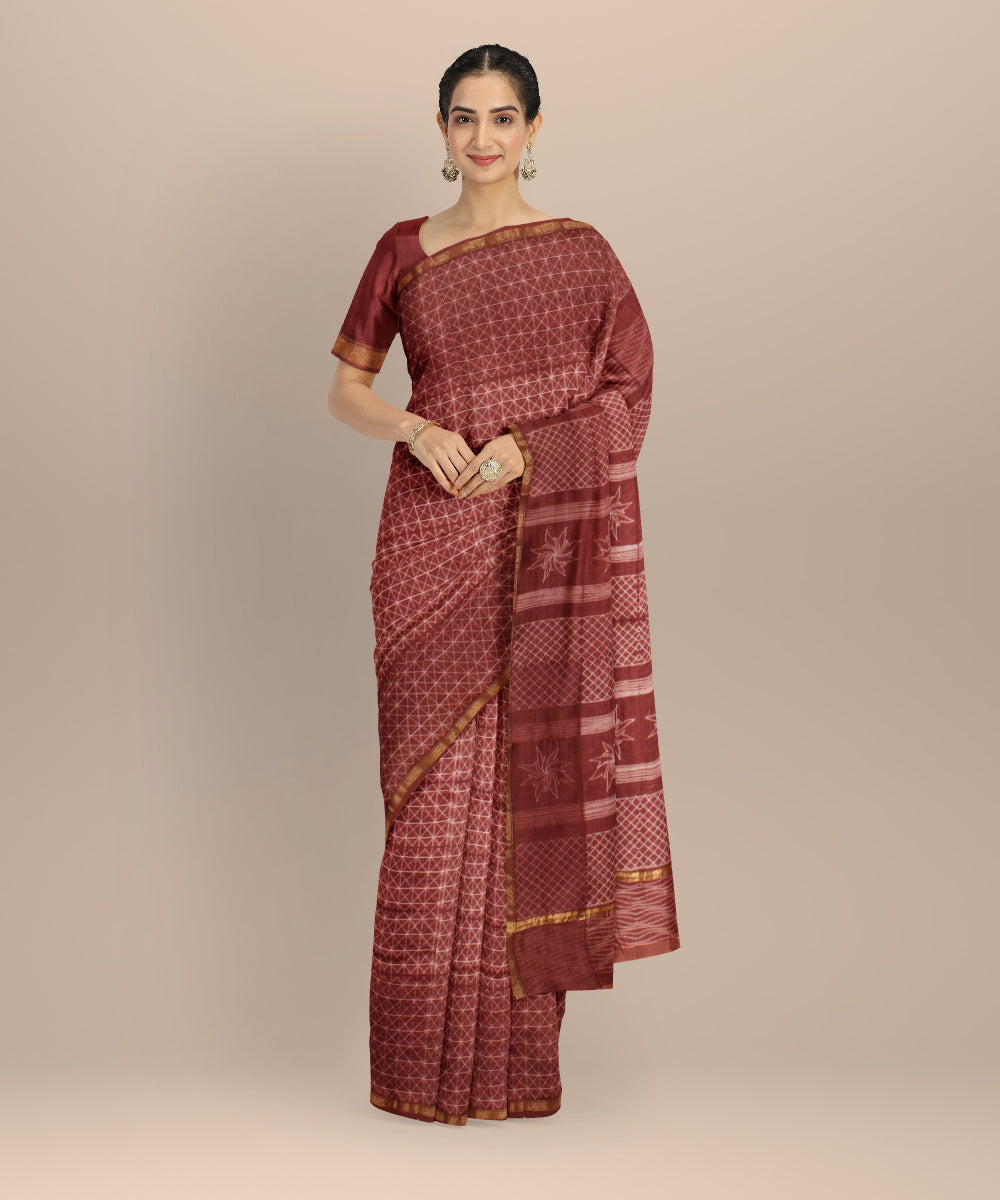 Brown cotton silk handwoven shibori saree