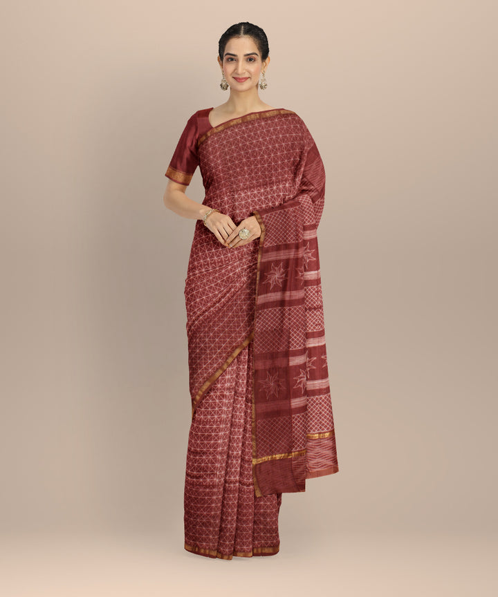 Brown cotton silk handwoven shibori saree