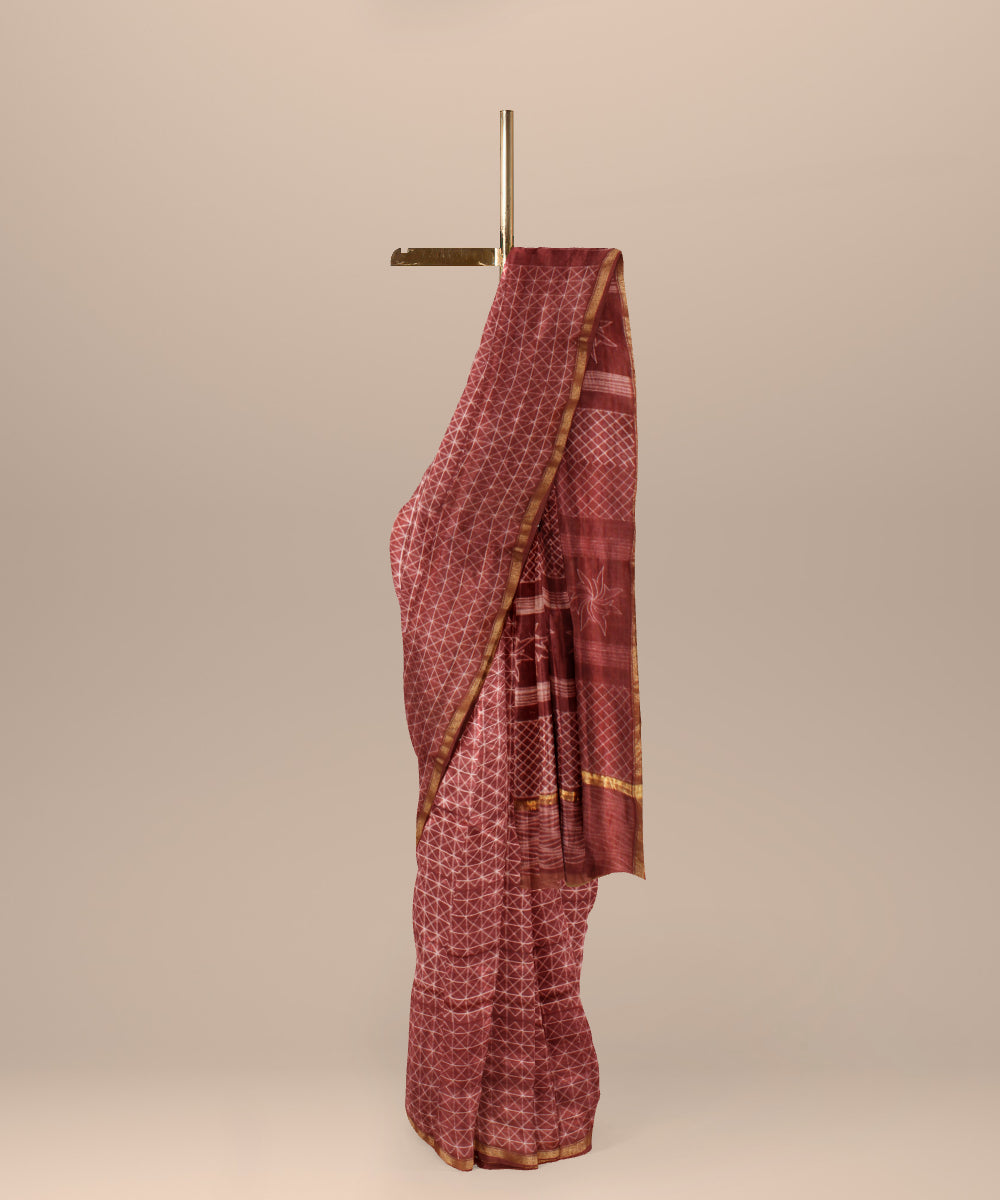 Brown cotton silk handwoven shibori saree