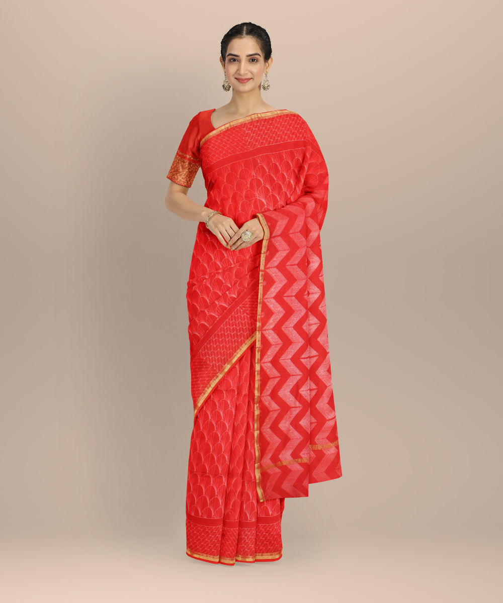 Red cotton silk handwoven shibori saree