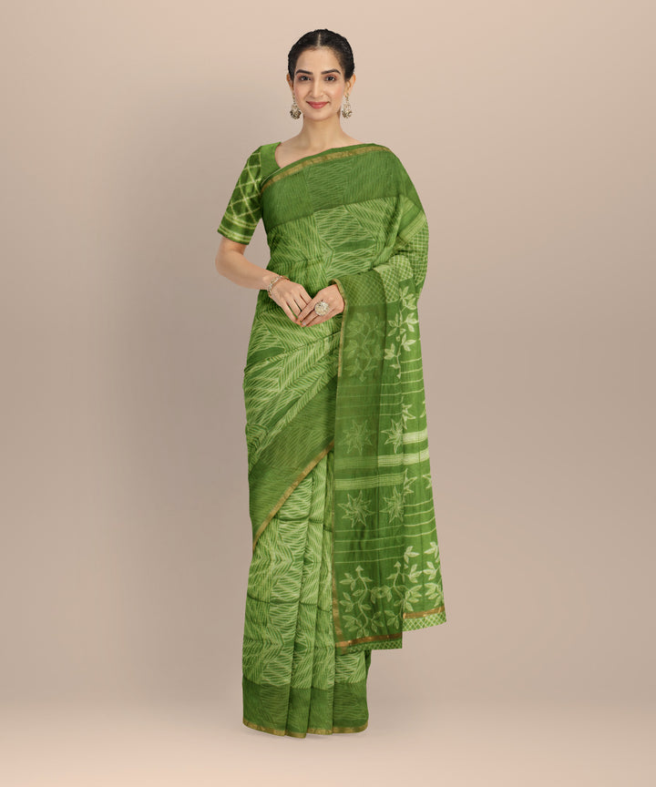 Parrot green cotton silk handwoven shibori saree