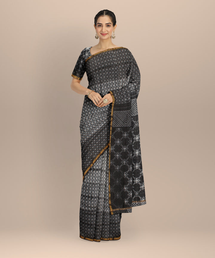 Black cotton silk handwoven shibori saree