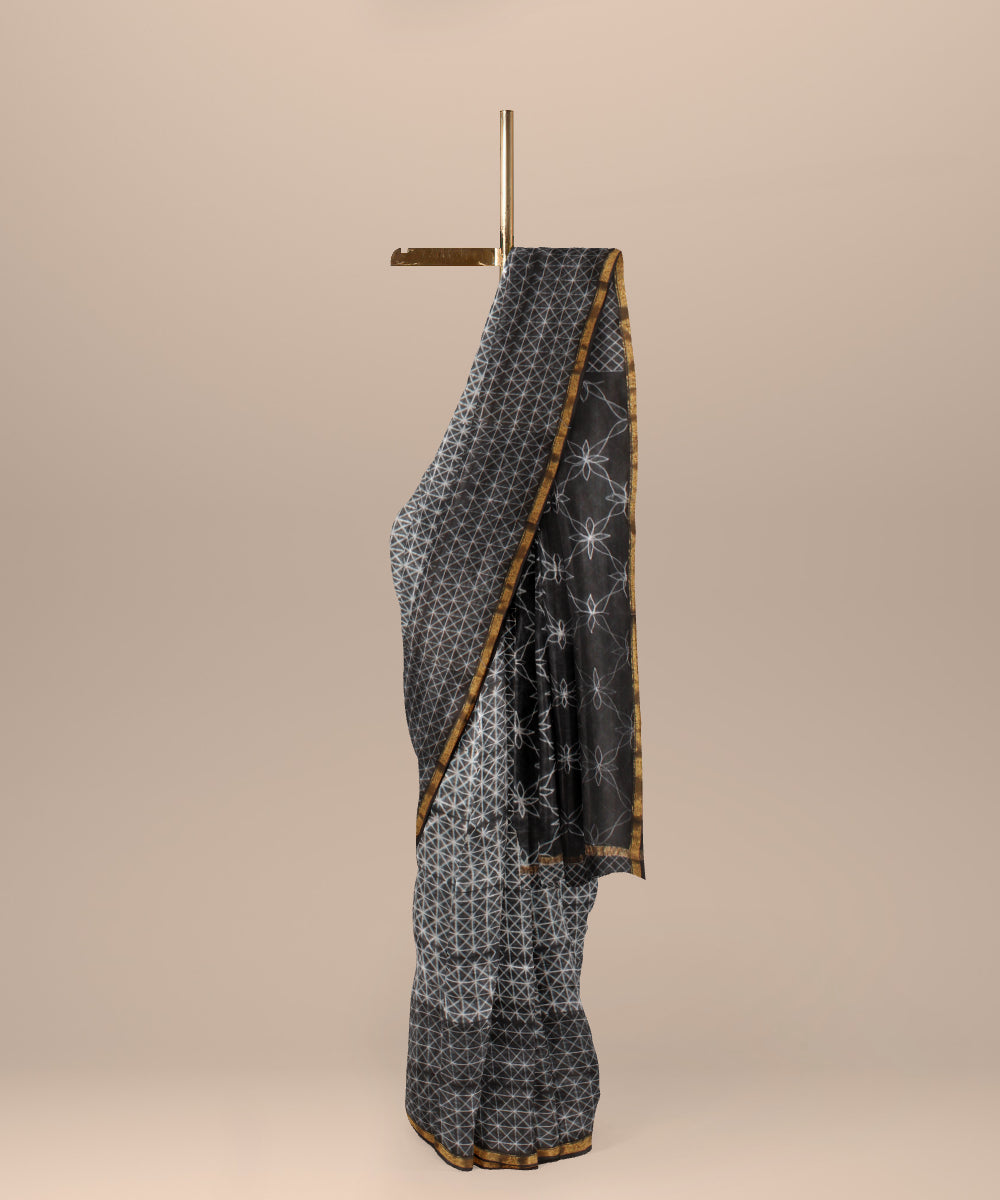 Black cotton silk handwoven shibori saree