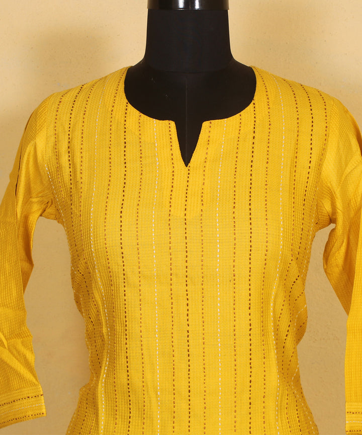 Yellow hand embroidered silk kurta