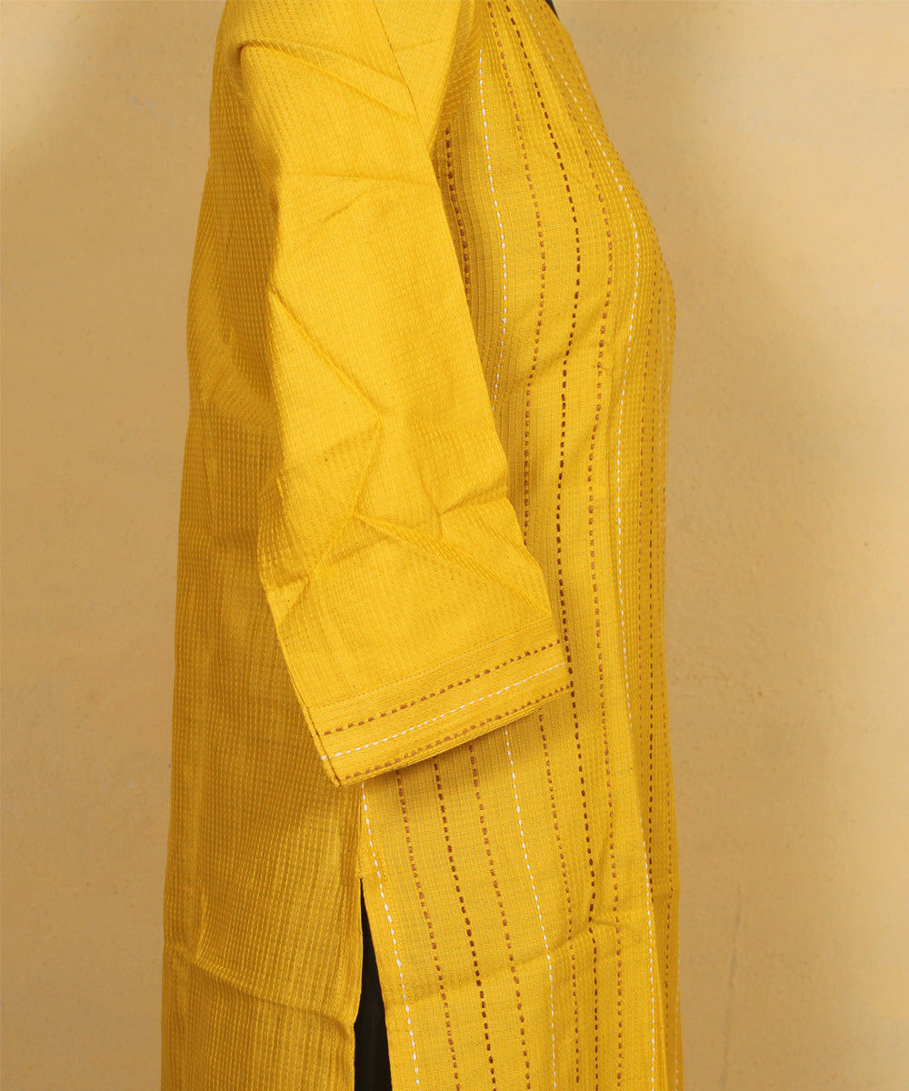 Yellow hand embroidered silk kurta