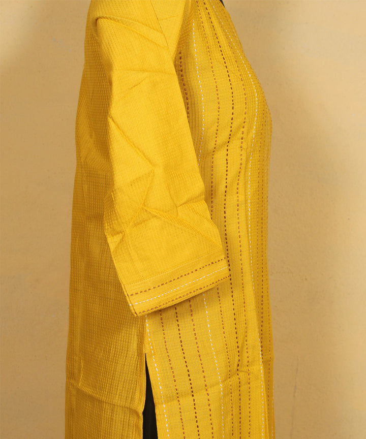Yellow hand embroidered silk kurta