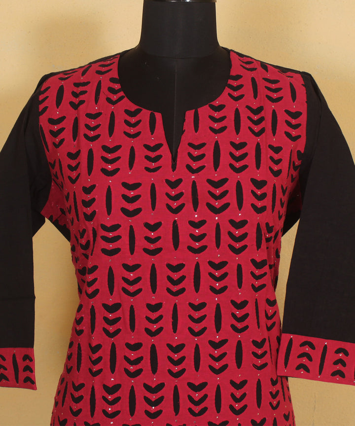Black pink applique embroidered cotton kurta