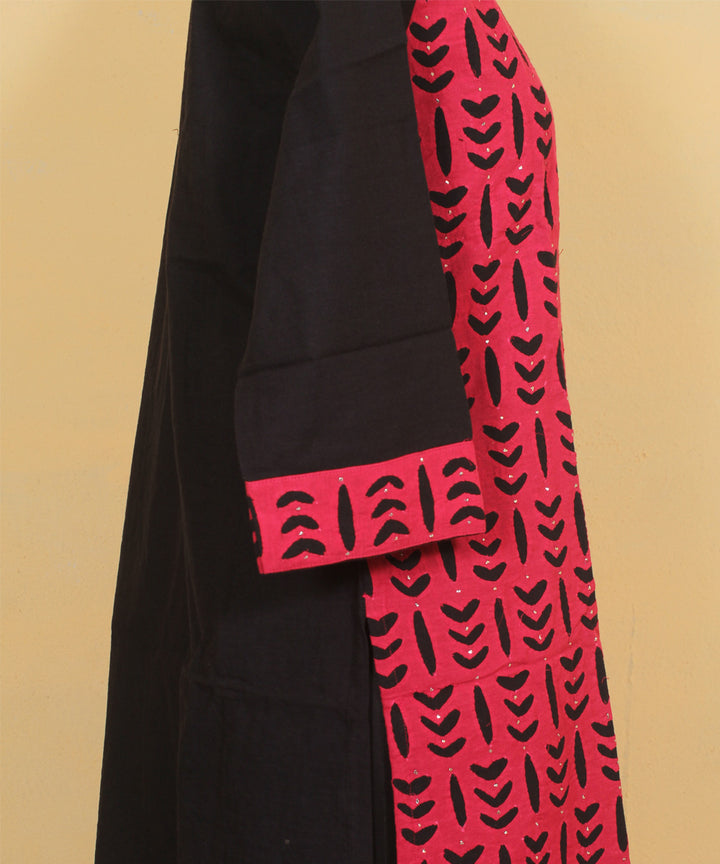 Black pink applique embroidered cotton kurta