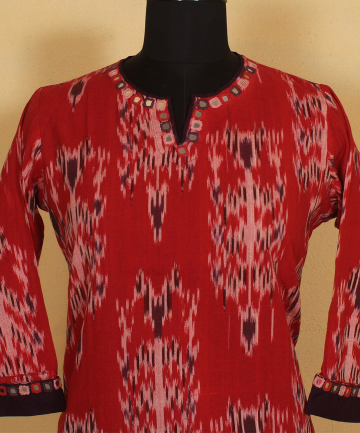 Red black soi hand embroidered on ikkat cloth cotton kurta