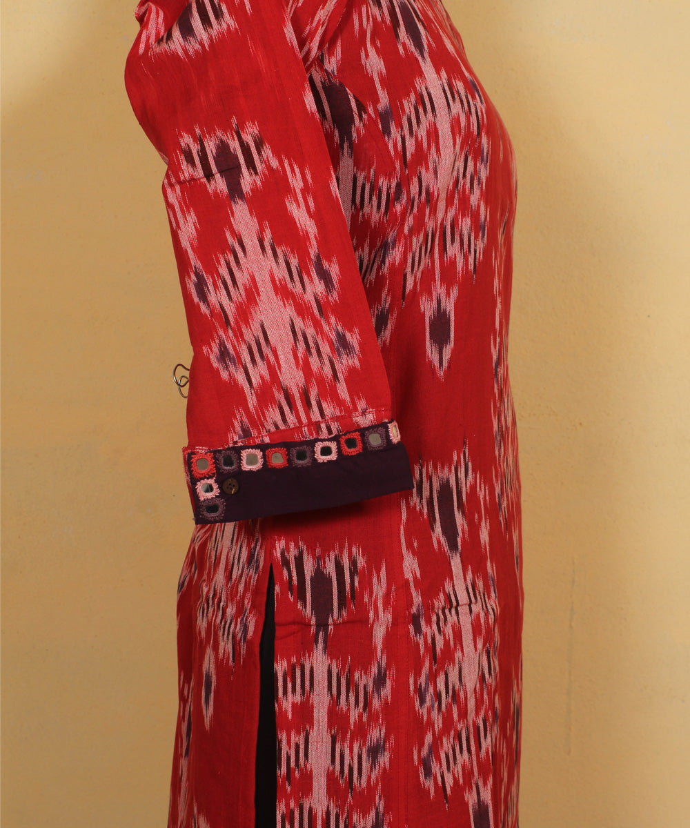 Red black soi hand embroidered on ikkat cloth cotton kurta