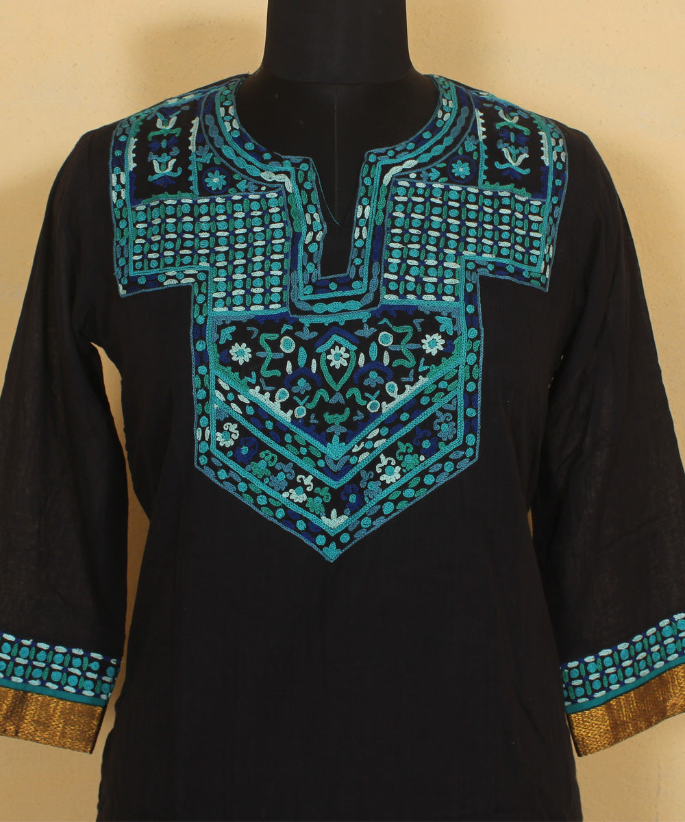 Black turquoise blue aari hand embroidered cotton kurta