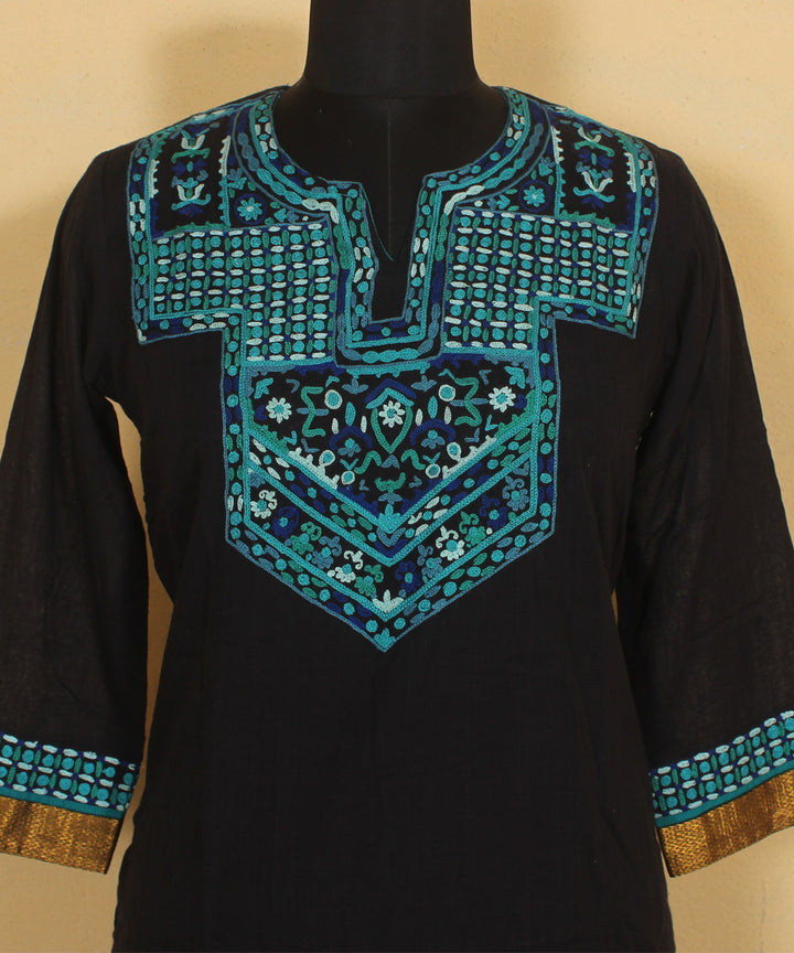 Black turquoise blue aari hand embroidered cotton kurta