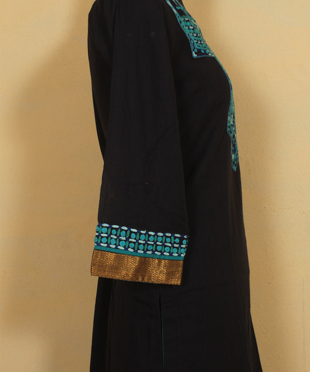 Black turquoise blue aari hand embroidered cotton kurta