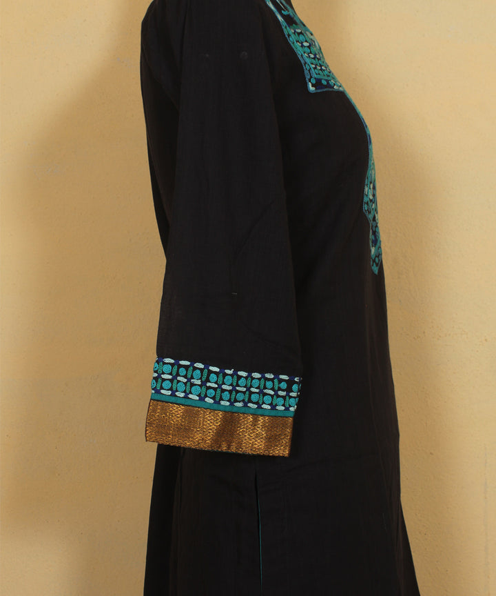 Black turquoise blue aari hand embroidered cotton kurta