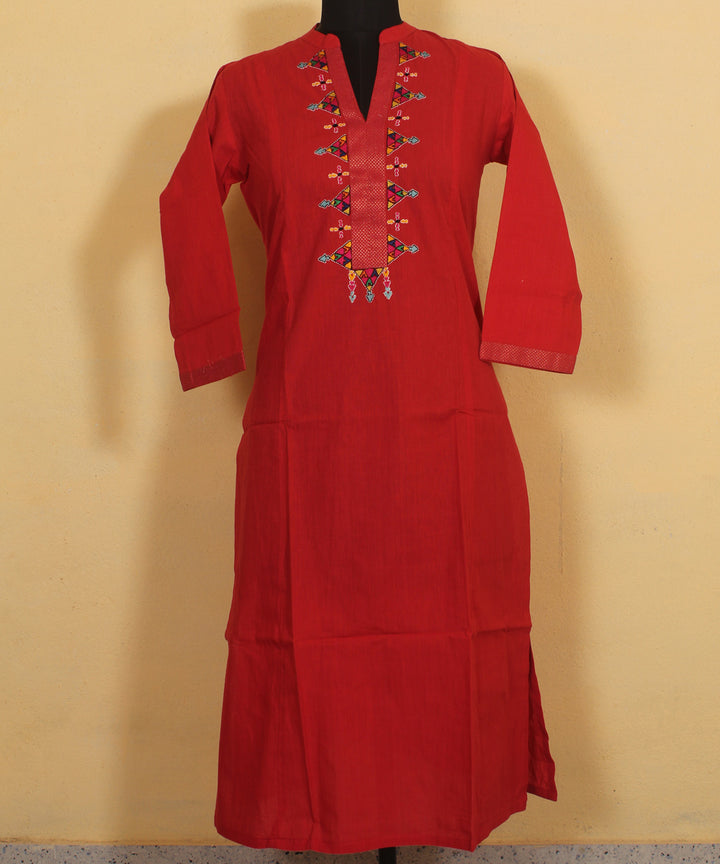 Red niran embroidered handloom cotton kurta