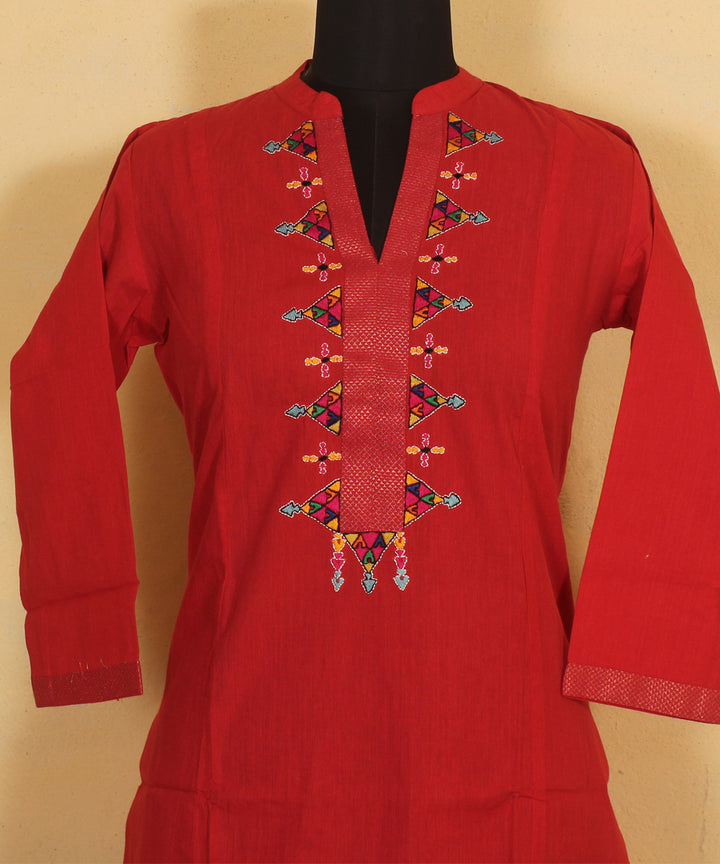 Red niran embroidered handloom cotton kurta