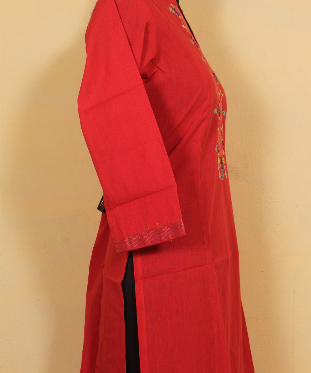 Red niran embroidered handloom cotton kurta