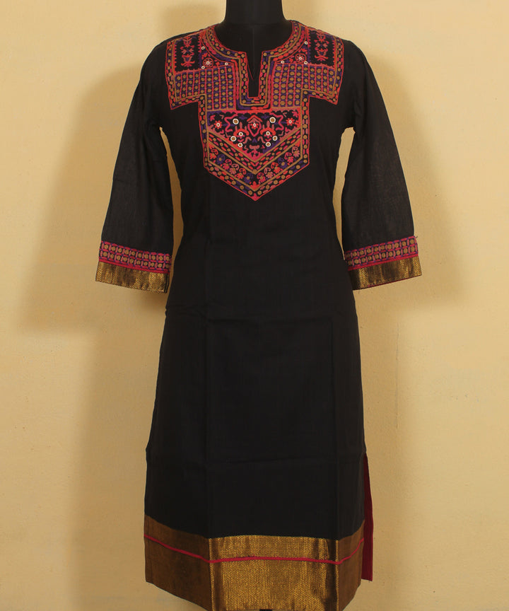 Black multicolor hand aari embroidered cotton kurta