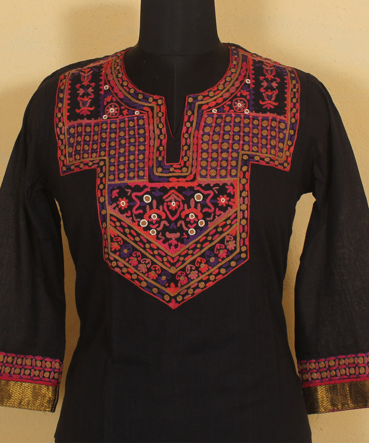 Black multicolor hand aari embroidered cotton kurta