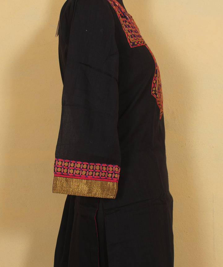 Black multicolor hand aari embroidered cotton kurta