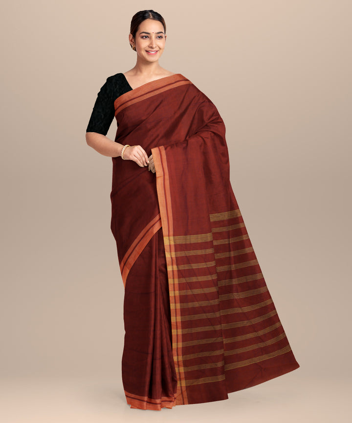 Orange striped pallu handwoven khadi cotton saree