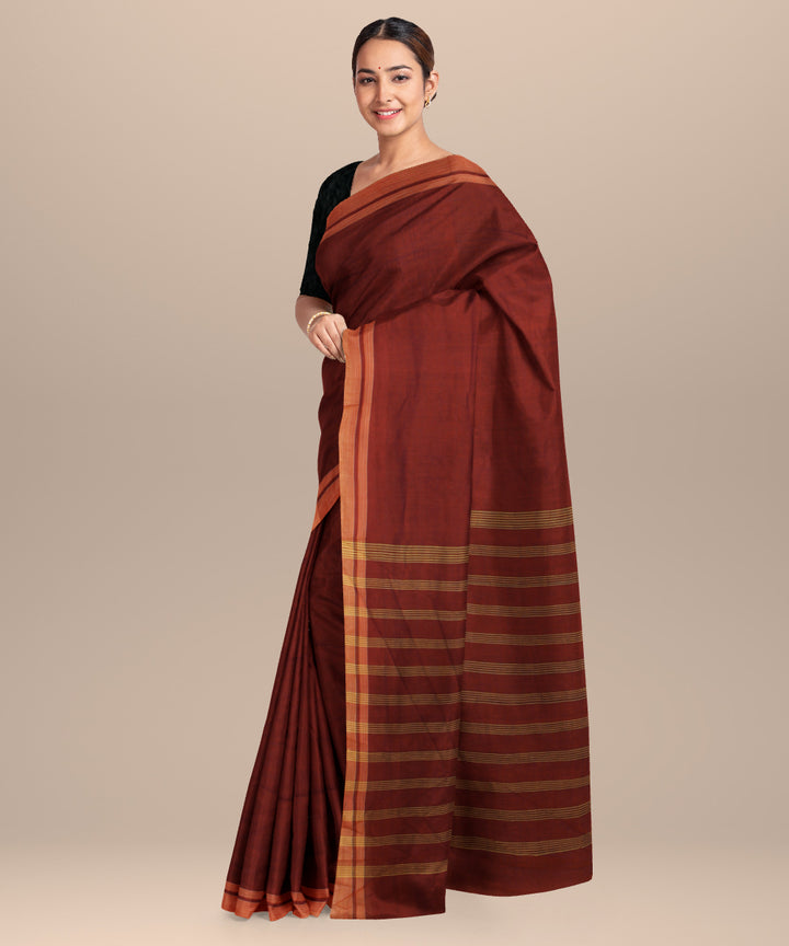 Orange striped pallu handwoven khadi cotton saree