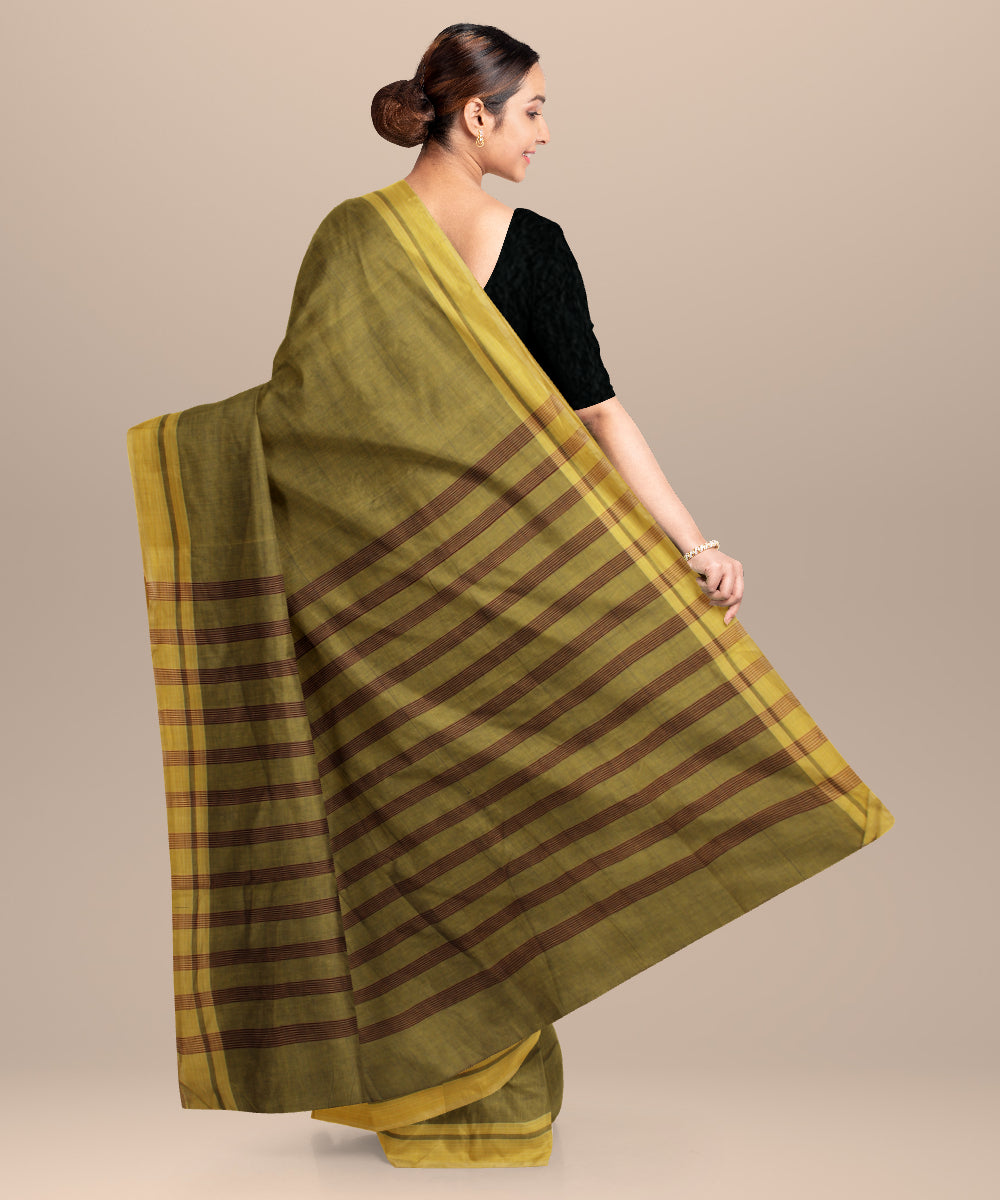Yellow striped pallu cotton handwoven khadi saree