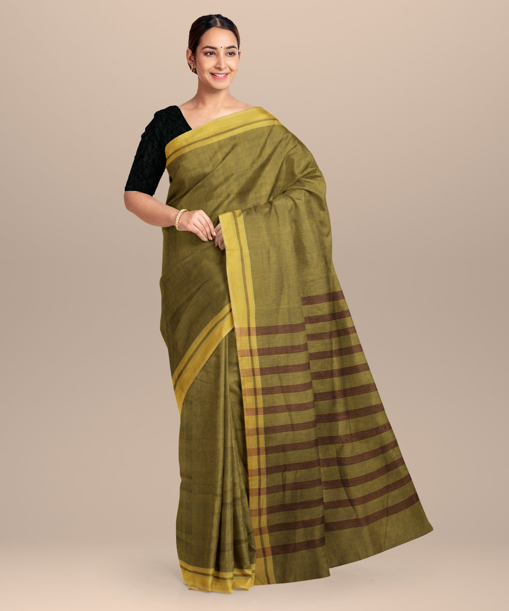 Yellow striped pallu cotton handwoven khadi saree