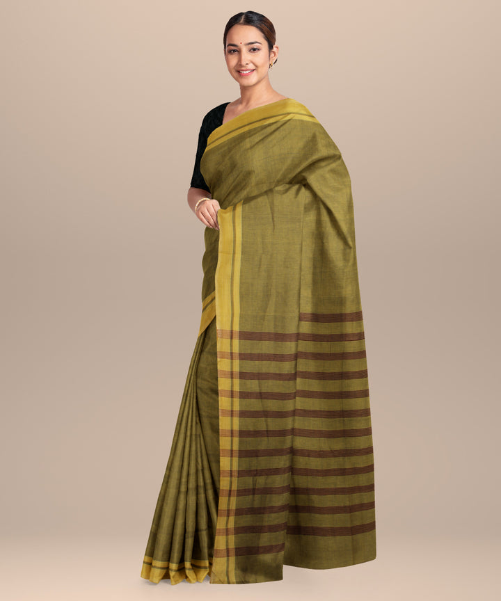 Yellow striped pallu cotton handwoven khadi saree
