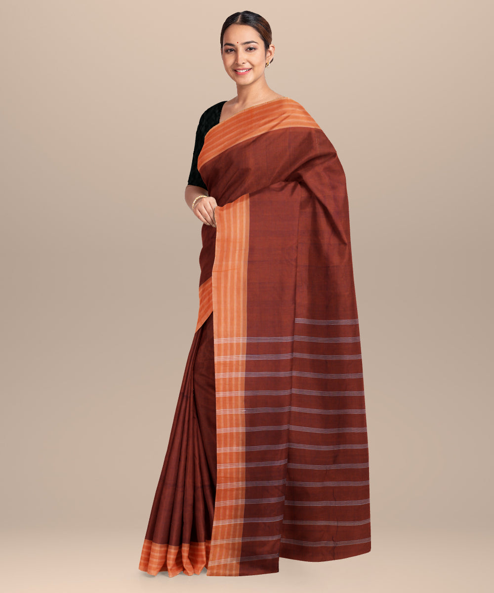 Orange striped pallu handwoven cotton khadi saree