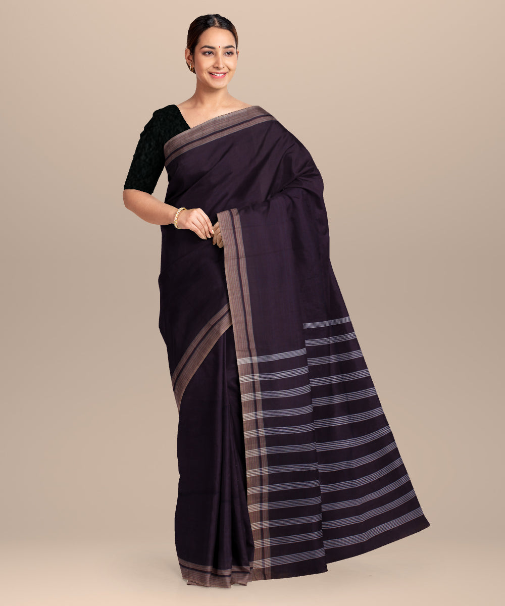 Purple striped pallu cotton handwoven khadi saree