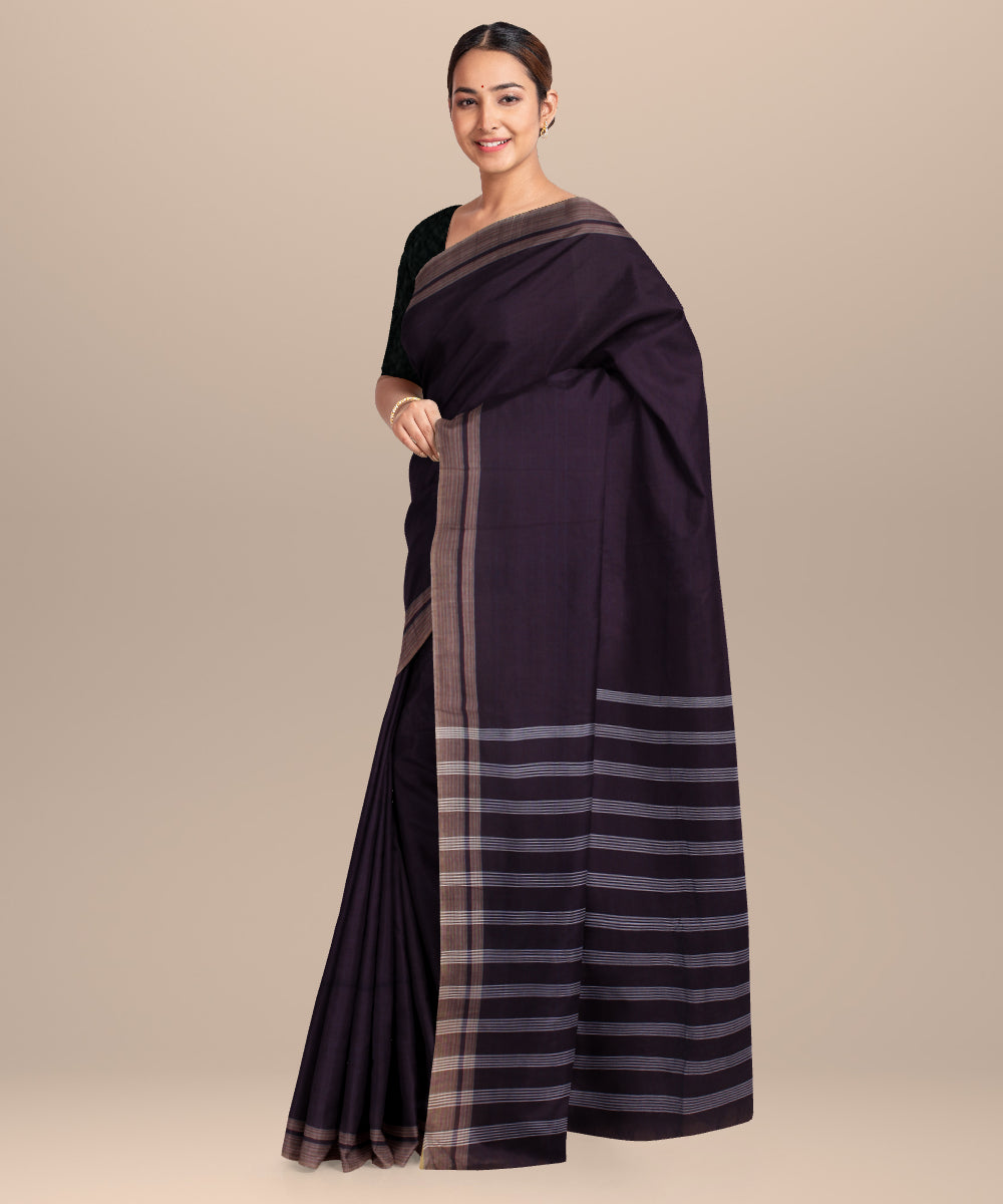 Purple striped pallu cotton handwoven khadi saree