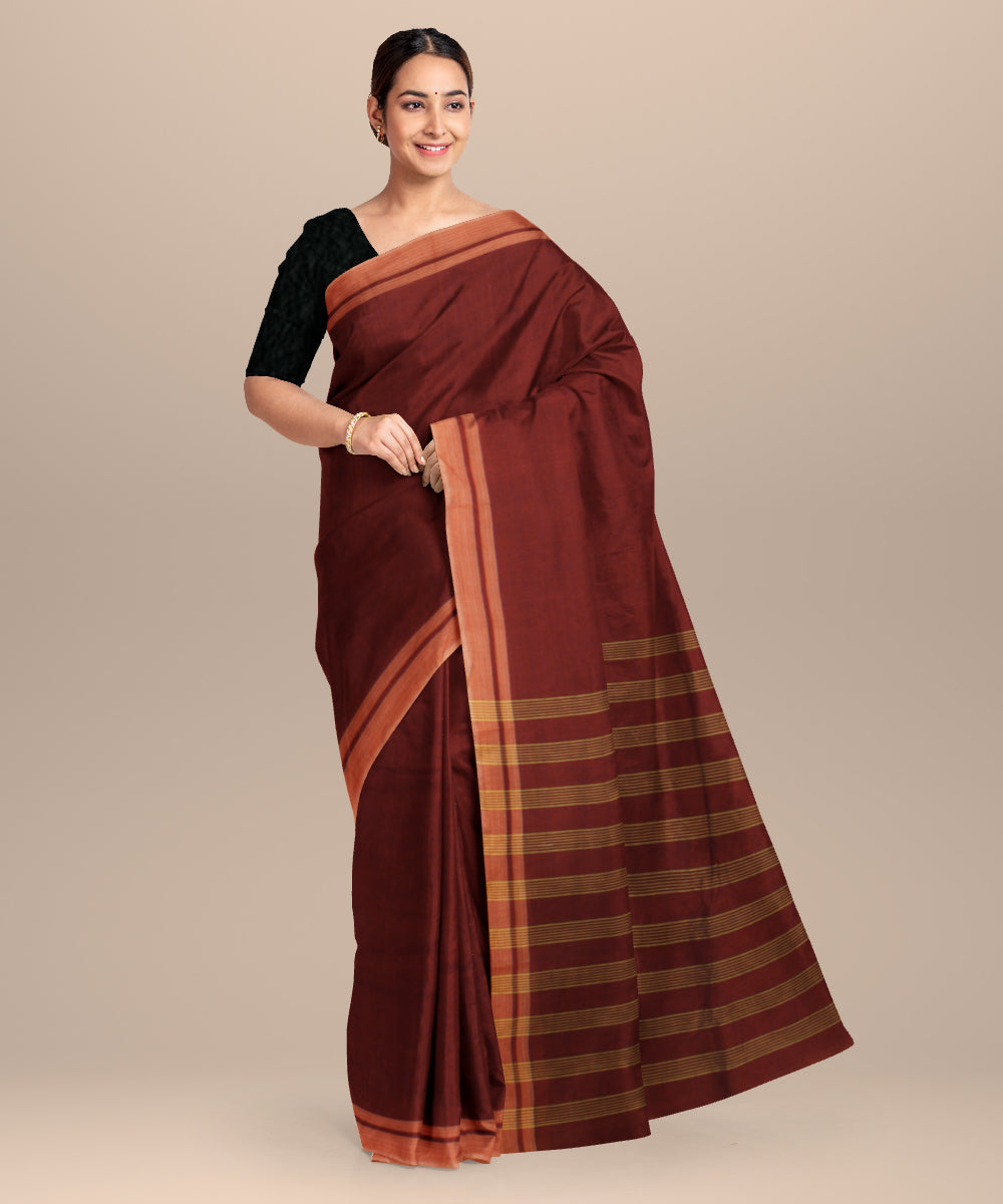 Orange striped pallu handloom cotton khadi saree