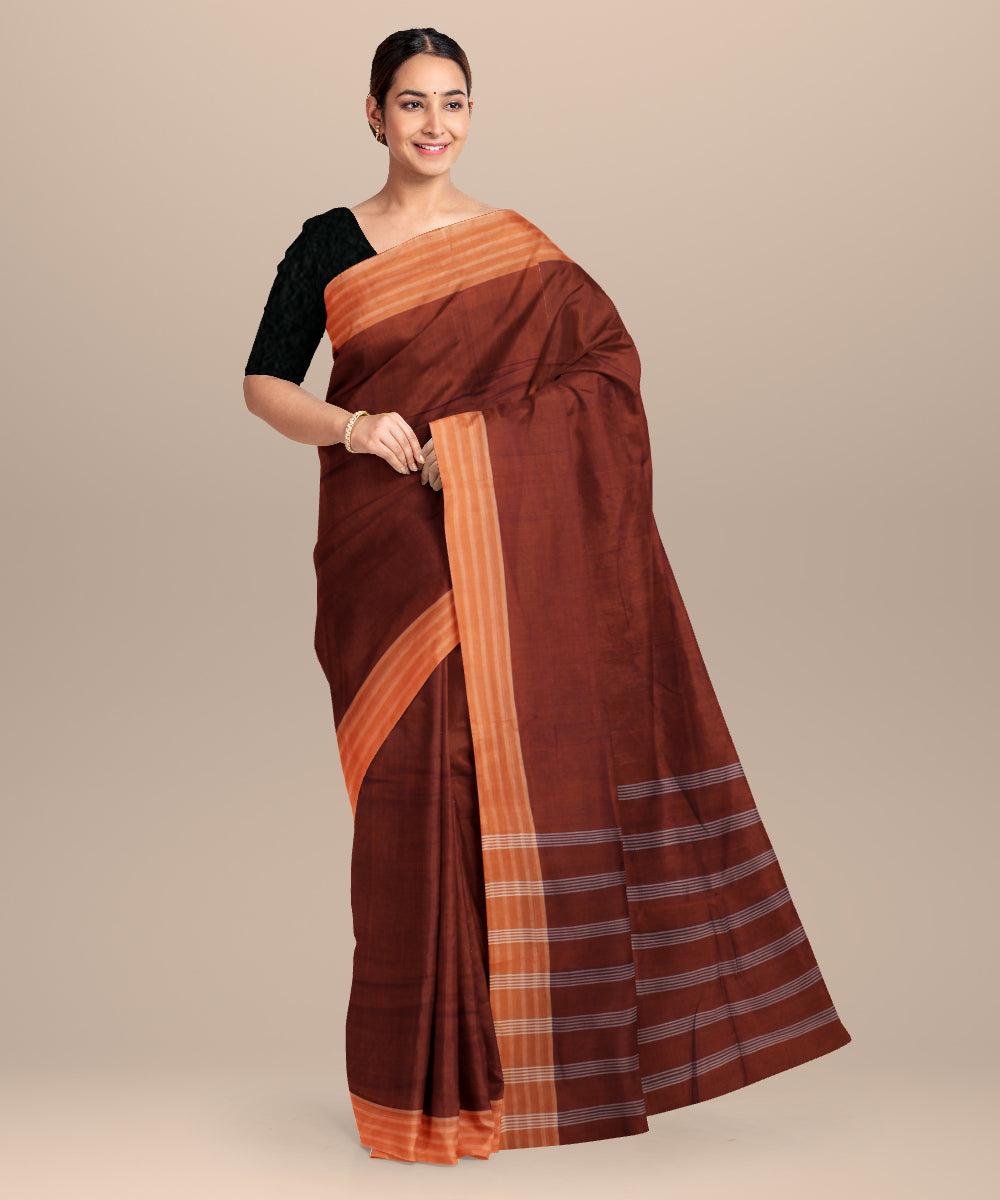 Orange striped pallu cotton handwoven khadi saree