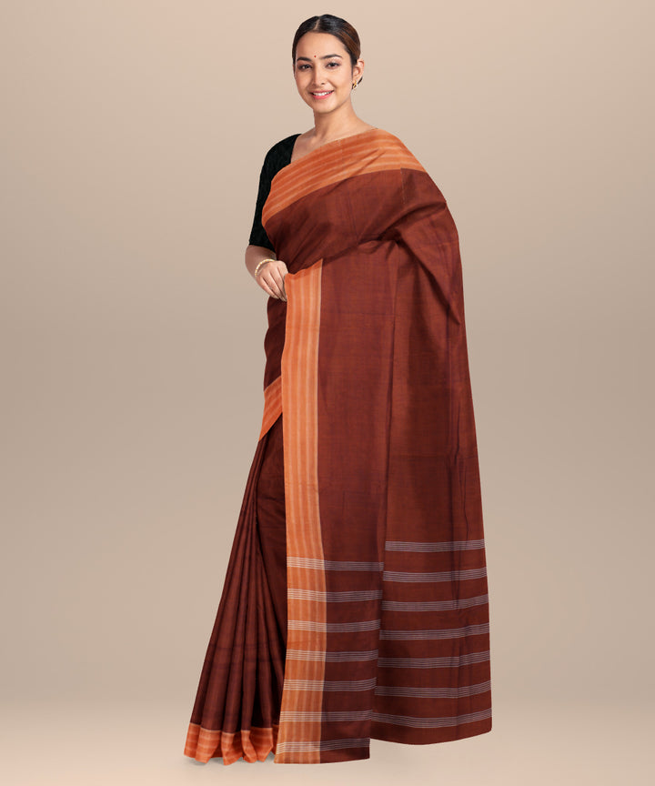Orange striped pallu cotton handwoven khadi saree