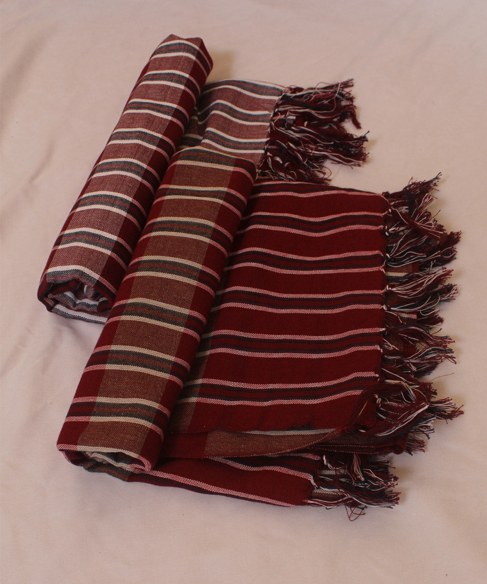 Red brown checked handwoven cotton khadi bath towel (set of 2pcs)