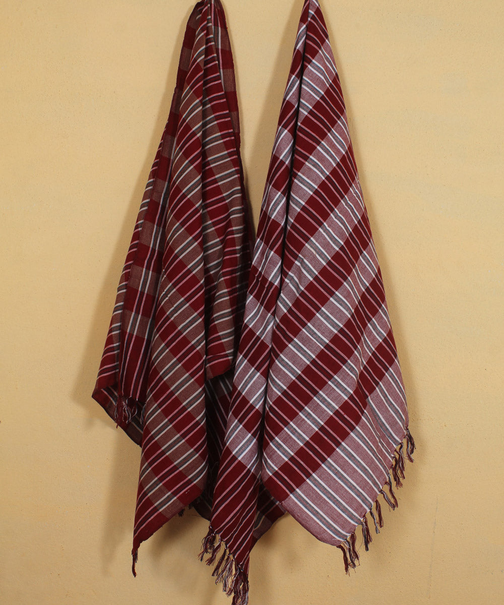 Red brown checked handwoven cotton khadi bath towel (set of 2pcs)
