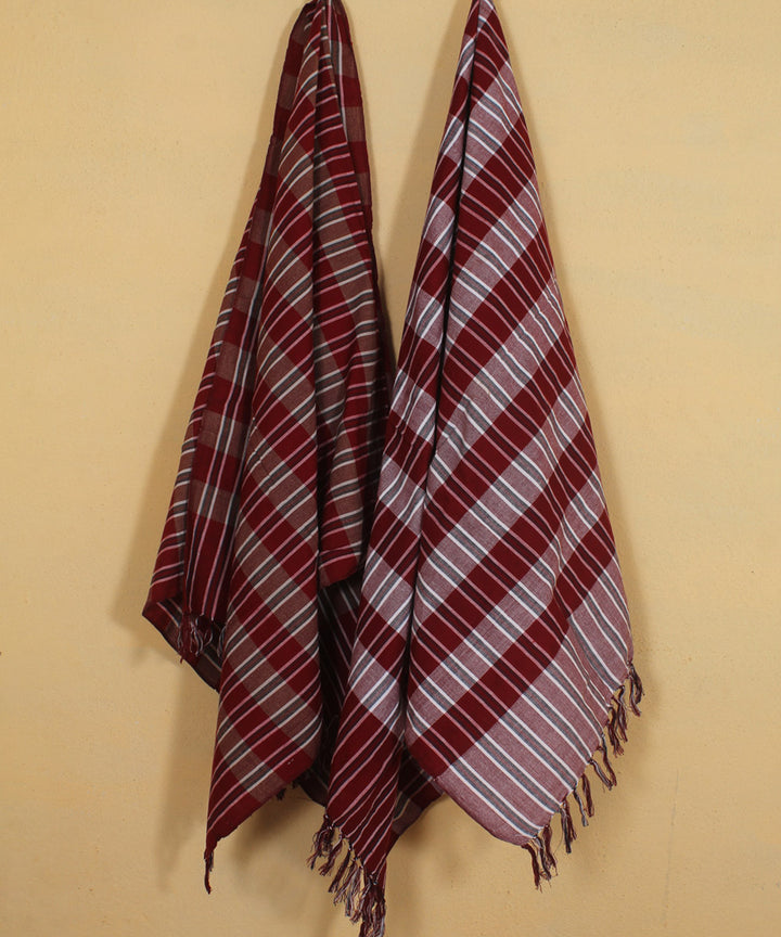 Red brown checked handwoven cotton khadi bath towel (set of 2pcs)