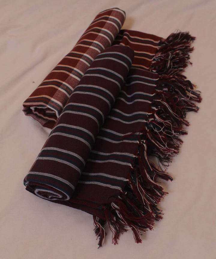 Brown magenta handwoven cotton khadi bath towel (set of 2pcs)