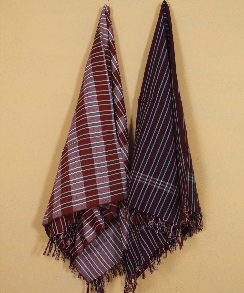 Brown magenta handwoven cotton khadi bath towel (set of 2pcs)