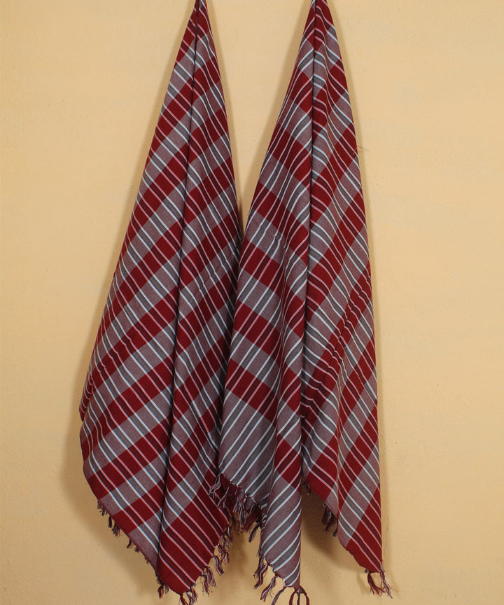 Red peach checked handwoven cotton khadi bath towel (set of 2pcs)