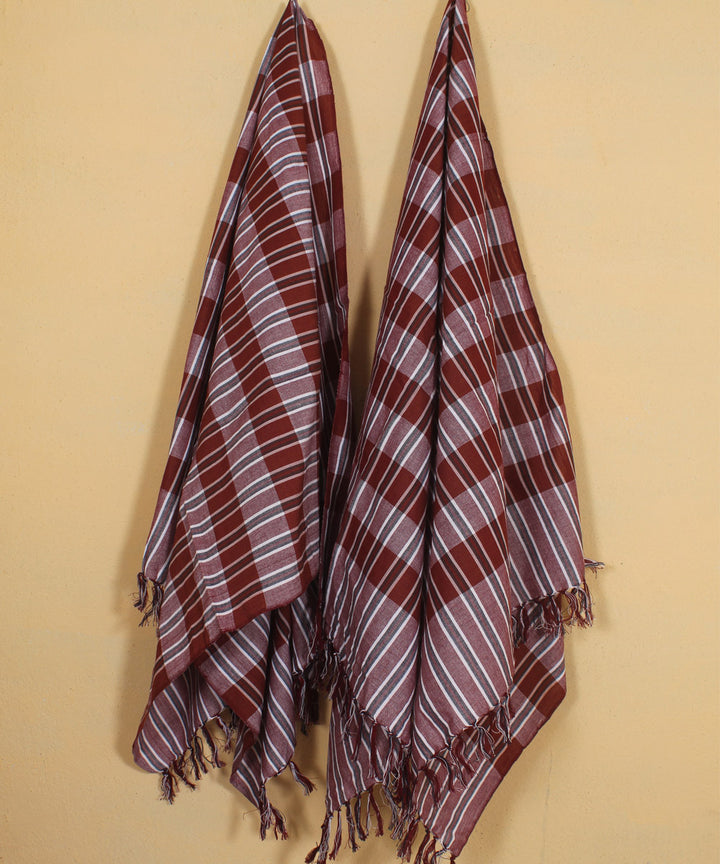 Brown peach checked handwoven cotton khadi bath towel (set of 2pcs)