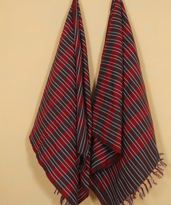 Red coffee checked handwoven cotton khadi bath towel (set of 2pcs)