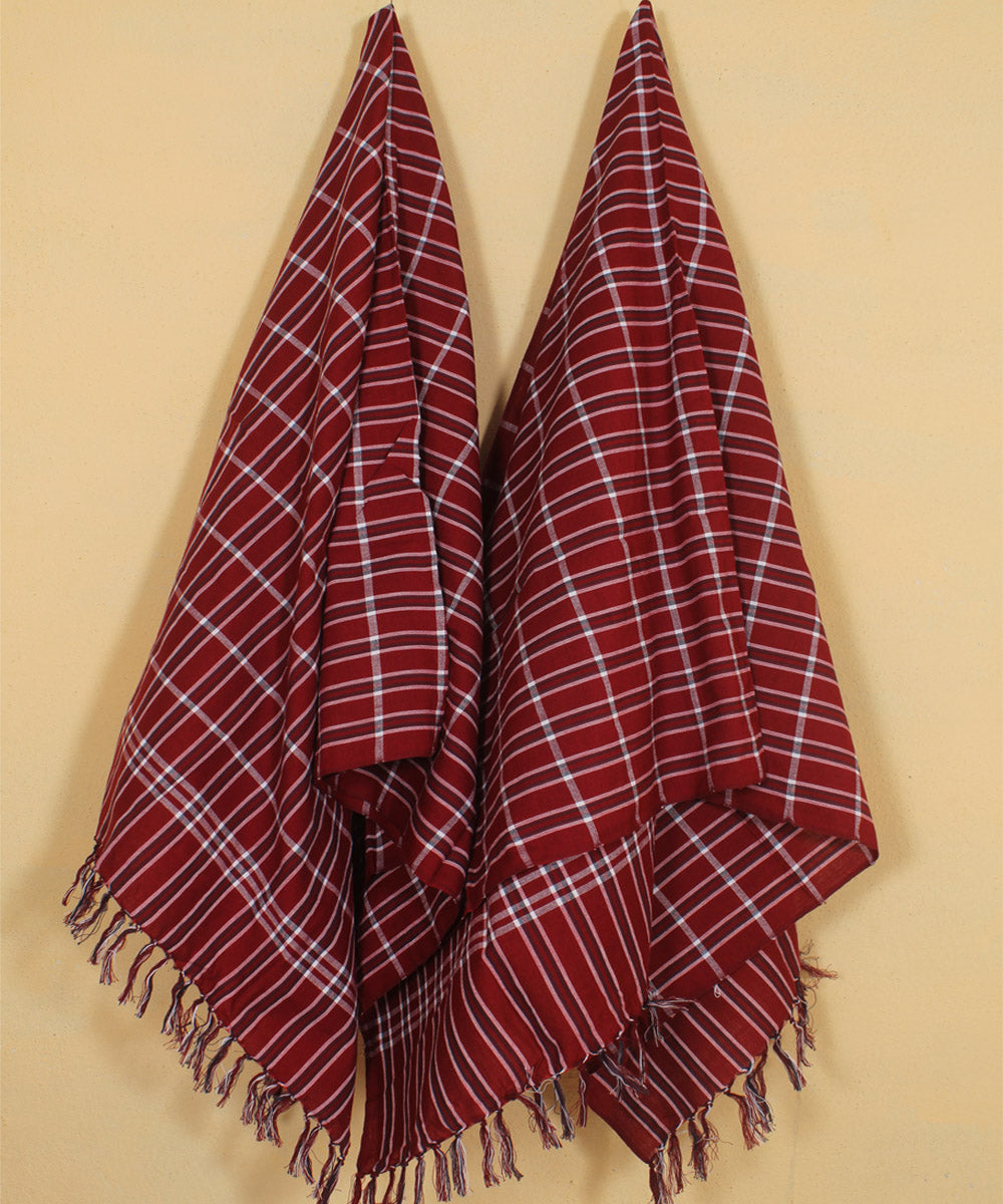 Red checked cotton handwoven khadi bath towel (set of 2pcs)