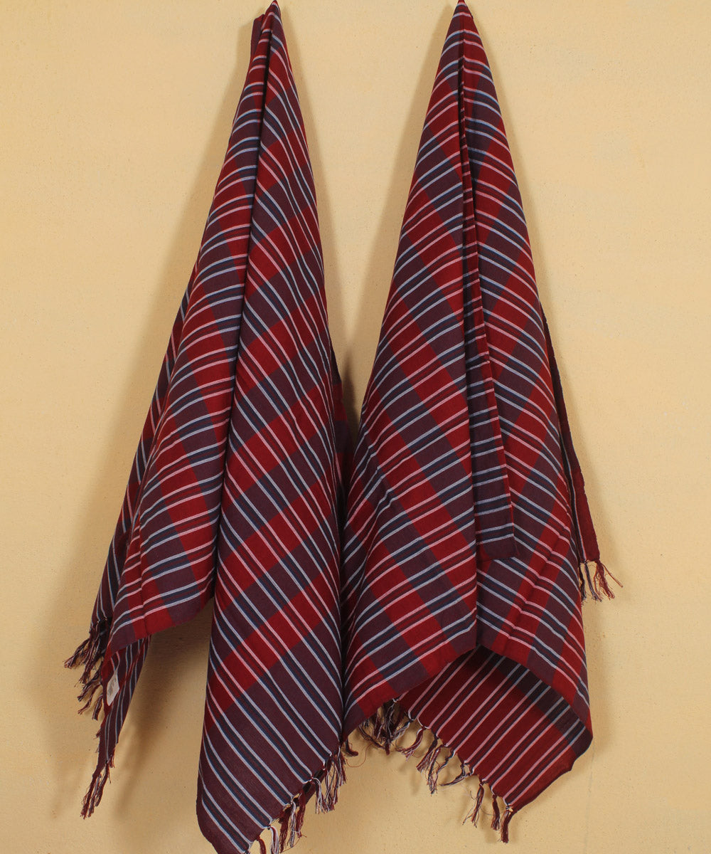 Maroon red checked handwoven cotton khadi bath towel (set of 2pcs)