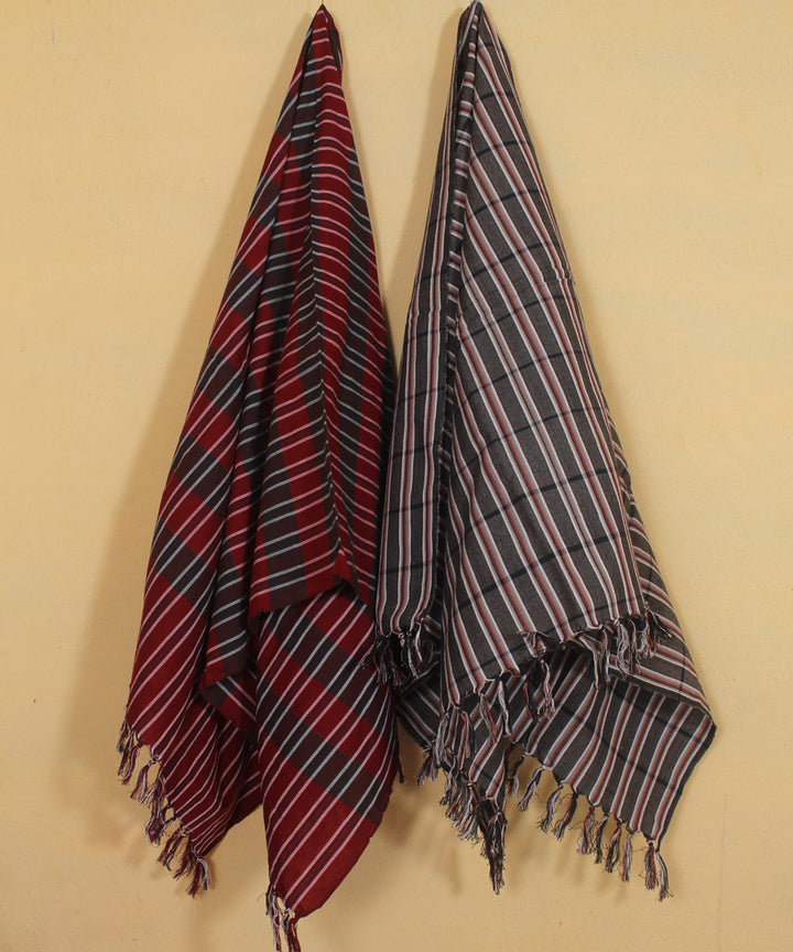 Red grey checked handwoven cotton khadi bath towel (set of 2pcs)