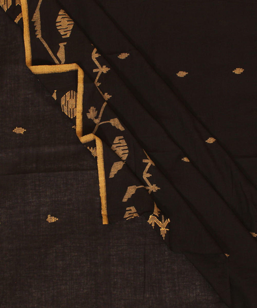 Black handwoven cotton geometric butti jamdani fabric