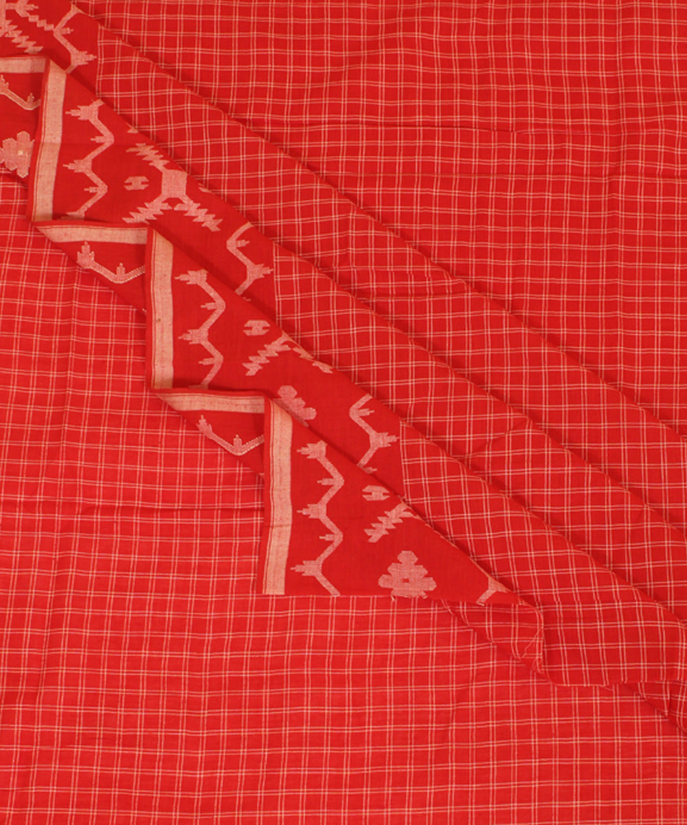 Red handwoven cotton checks jamdani fabric