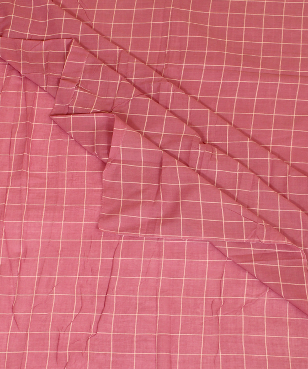 Pink white handwoven checks cotton fabric