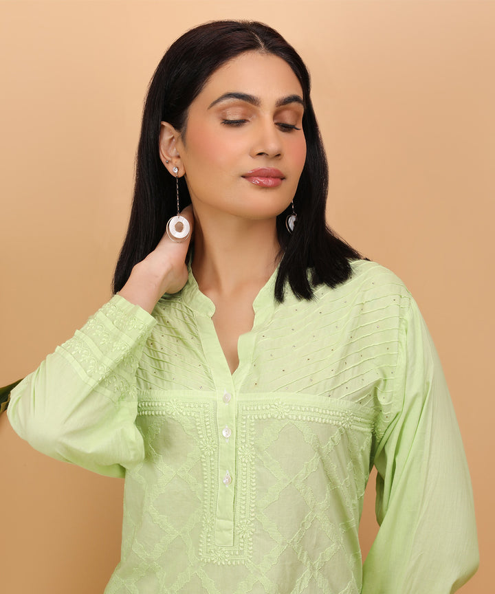 Light green hand embroidery cotton chikankari kurti